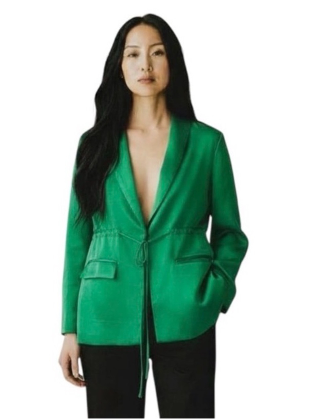 Beulah Style Emerald Green Satin Button & Tie Front Open Back size Small Blazer